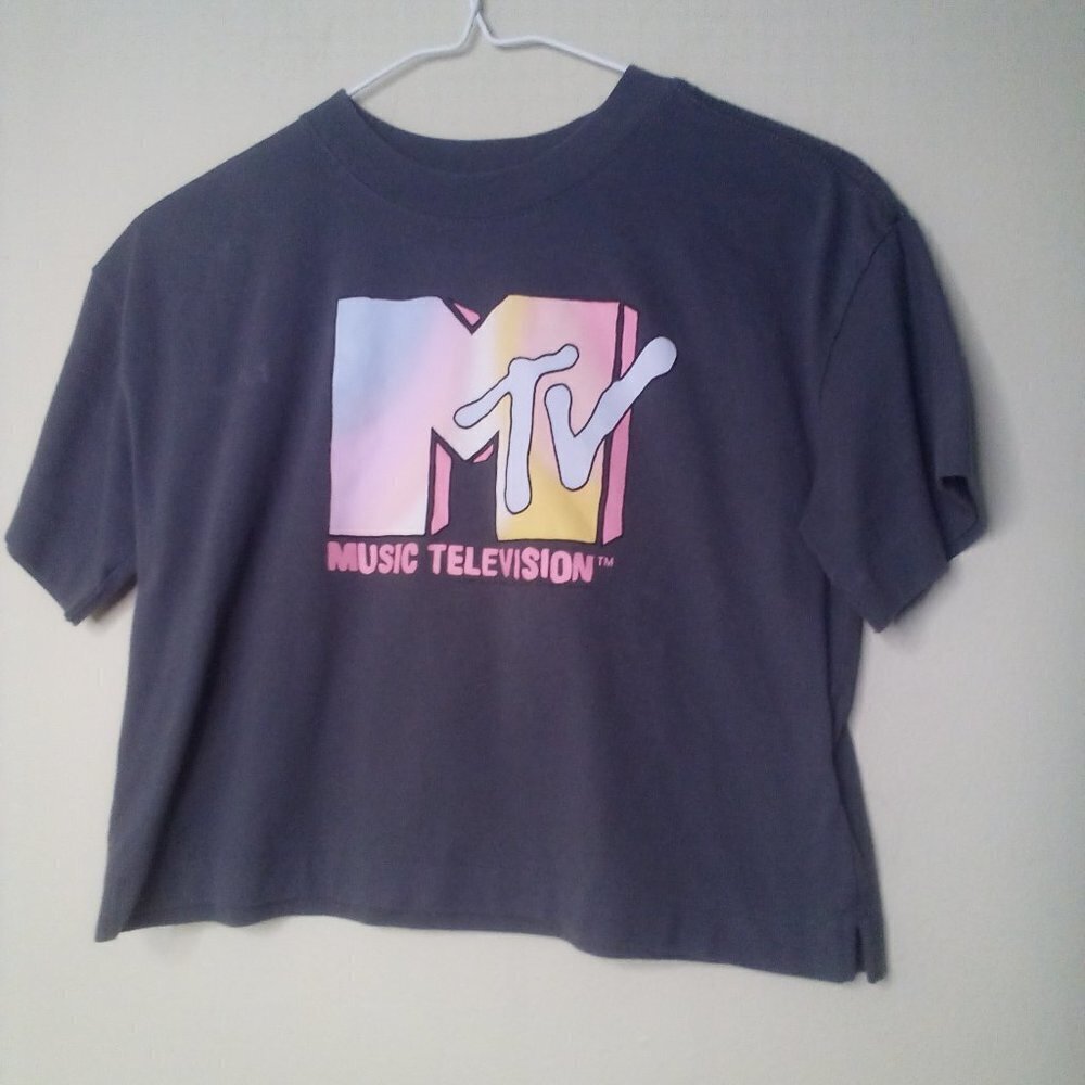 Gap Teen Cropped Shirt Juniors L Short Sleeve MTV Logo Gray - Picture 2 of 13
